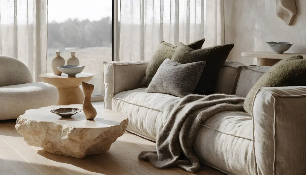 Sofa vải kem, gối xanh rêu và bàn trà đá tự nhiên