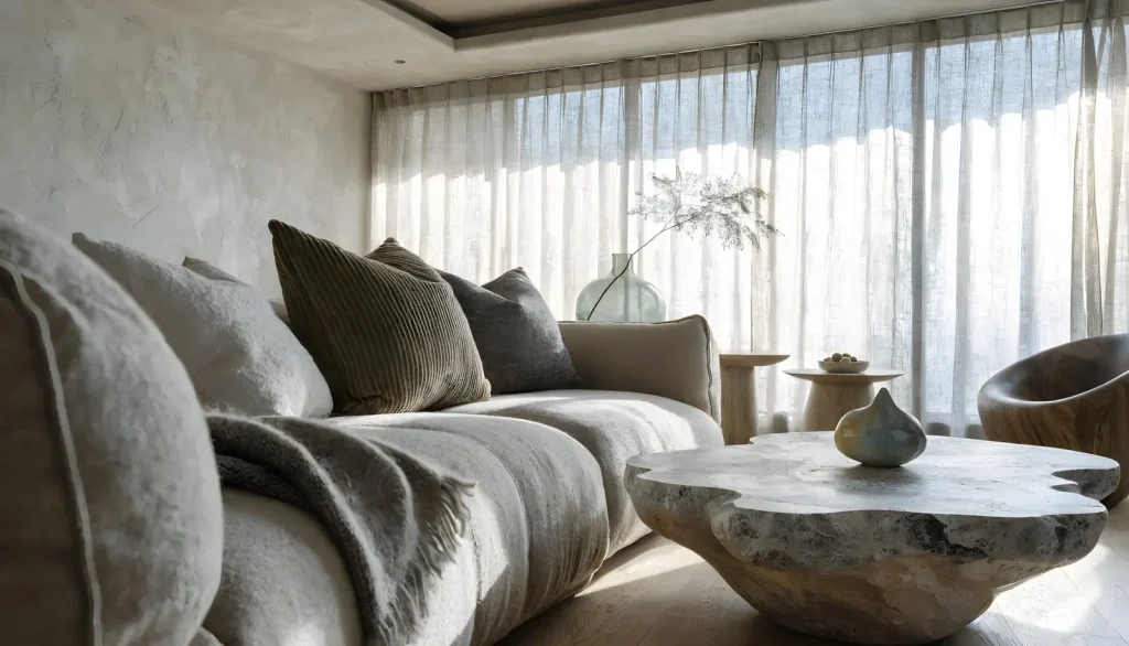 Góc sofa vải dày bên bàn trà đá dưới nắng chiều