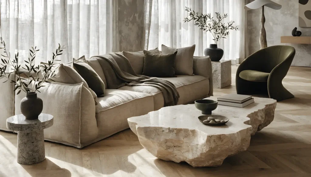 Sofa kem rộng với bàn trà đá thô nguyên khối