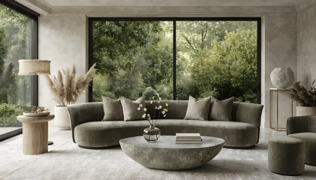 Sofa cong xanh rêu trước vách kính nhìn ra vườn