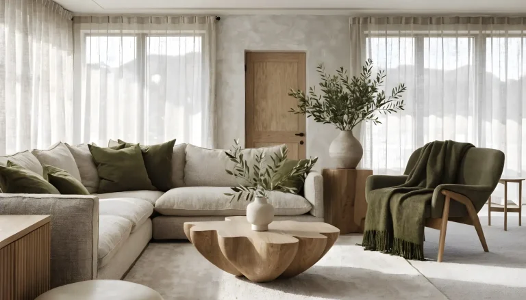 Sofa góc kem, bàn trà gỗ khối và ghế bành xanh