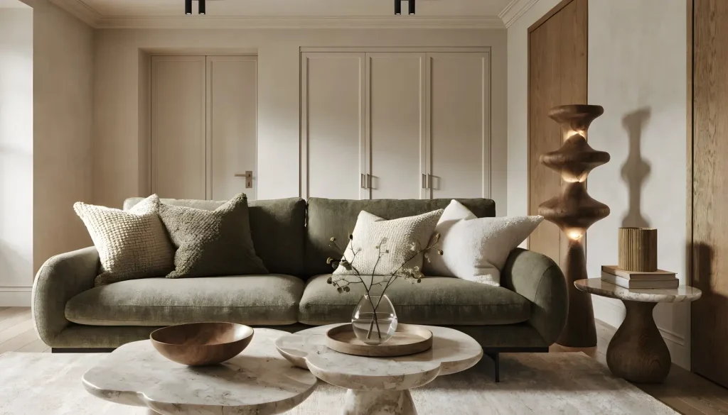 Sofa xanh rêu, bàn trà đá đôi và tượng gỗ tiện