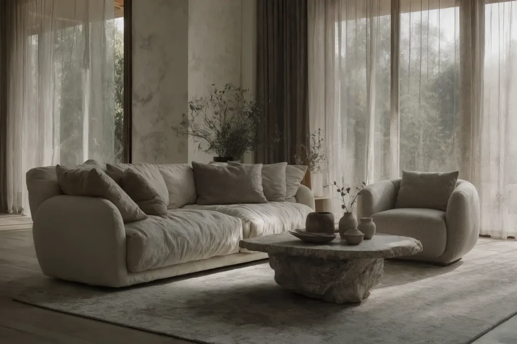 Sofa xám dài bên bàn trà đá trong phòng khách rèm voan