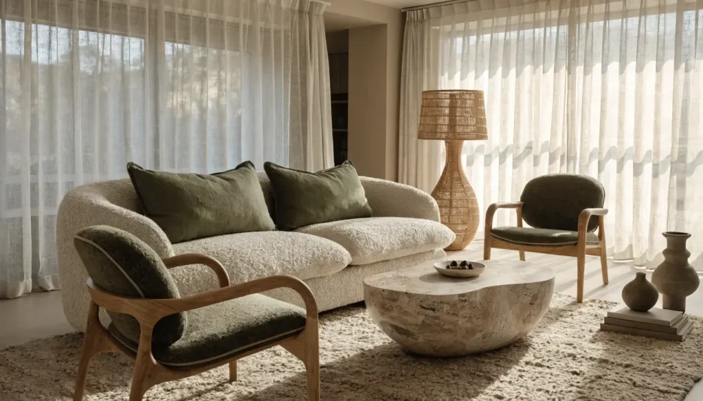 Sofa bouclé gối xanh rêu, ghế gỗ uốn và đèn mây